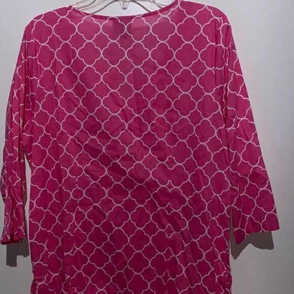 St. John's Bay Women's Quatrefoil Split Neck 3/4 Sleeve Cotton Blouse Large - Picture 5 of 8